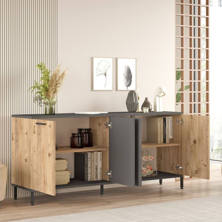 Credenza Alfrick, Buffet da soggiorno, Madia da salotto, Dispensa da cucina, 160x40 h72 cm, Quercia e Antracite