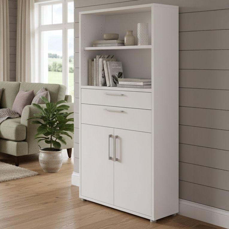 Credenza alta bianca 89x40x185h cm 2 ante e 2 cassetti - Albidona
