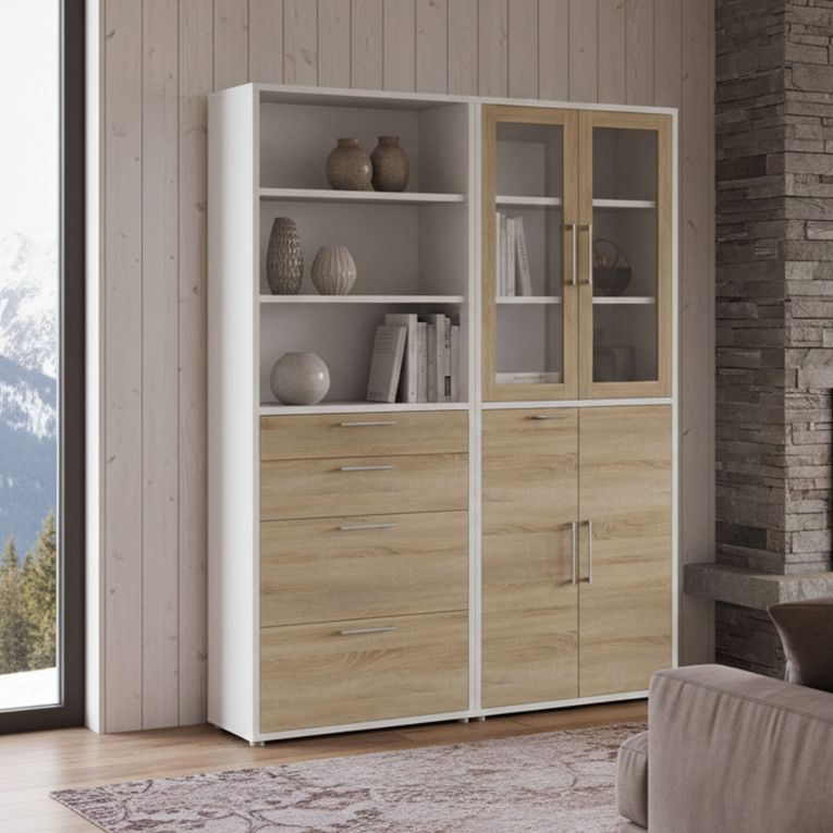 Credenza alta bianca e quercia 178x40x221h cm 4 ante e 4 cassetti - Embabane
