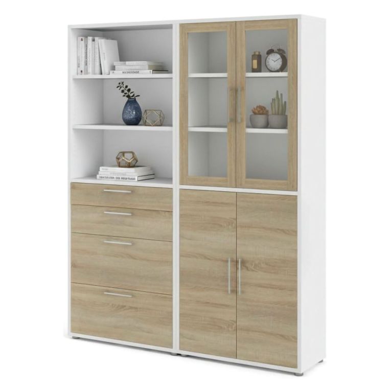 Credenza alta bianca e quercia 178x40x221h cm 4 ante e 4 cassetti - Embabane