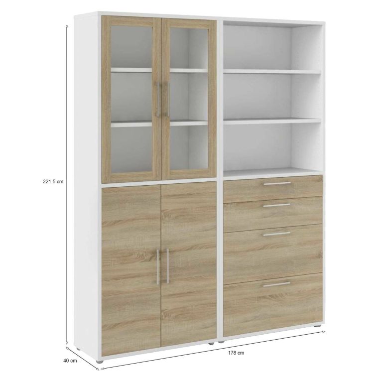 Credenza alta bianca e quercia 178x40x221h cm 4 ante e 4 cassetti - Embabane