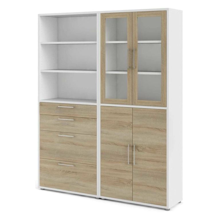 Credenza alta bianca e quercia 178x40x221h cm 4 ante e 4 cassetti - Embabane