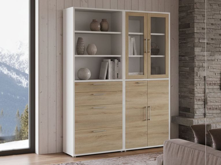 Credenza alta bianca e quercia 178x40x221h cm 4 ante e 4 cassetti - Embabane