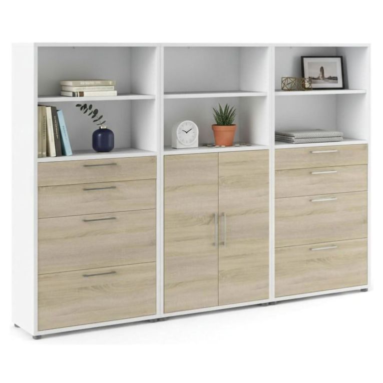 Credenza alta bianca e quercia 267x40x185h cm 2 ante e 8 cassetti - Vinovo