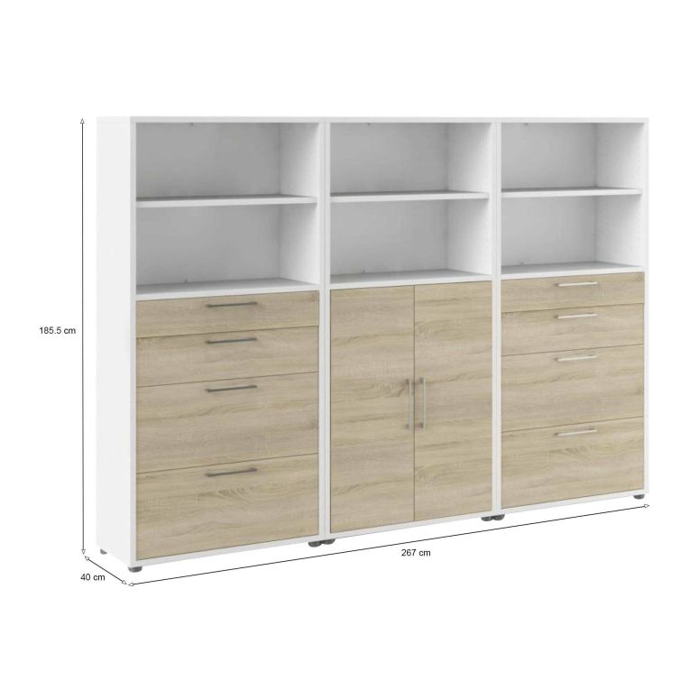 Credenza alta bianca e quercia 267x40x185h cm 2 ante e 8 cassetti - Vinovo