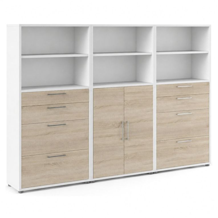 Credenza alta bianca e quercia 267x40x185h cm 2 ante e 8 cassetti - Vinovo