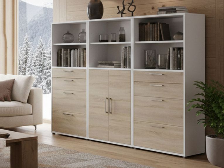 Credenza alta bianca e quercia 267x40x185h cm 2 ante e 8 cassetti - Vinovo