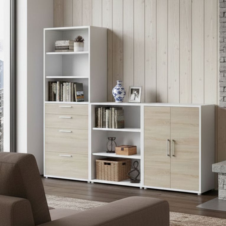 Credenza alta bianca e quercia 267x40x221h cm 2 ante e 4 cassetti - Acceglio