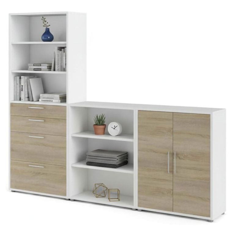Credenza alta bianca e quercia 267x40x221h cm 2 ante e 4 cassetti - Acceglio
