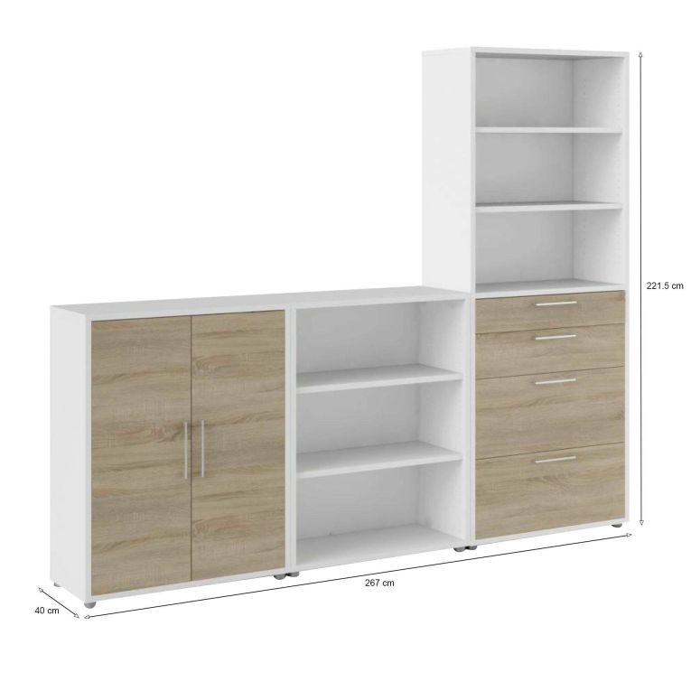 Credenza alta bianca e quercia 267x40x221h cm 2 ante e 4 cassetti - Acceglio