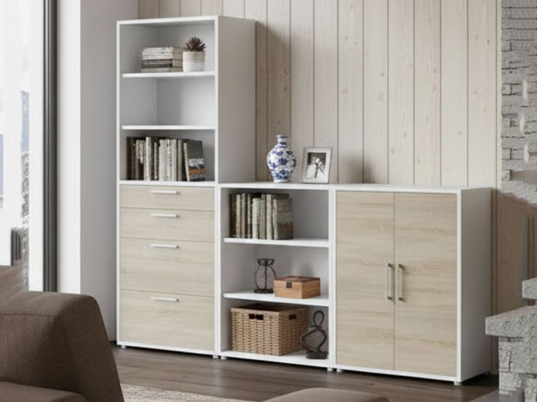 Credenza alta bianca e quercia 267x40x221h cm 2 ante e 4 cassetti - Acceglio