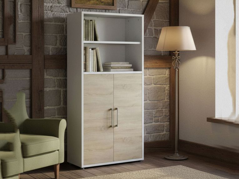 Credenza alta bianca e quercia 89x40x186h cm 2 ante - Saotome