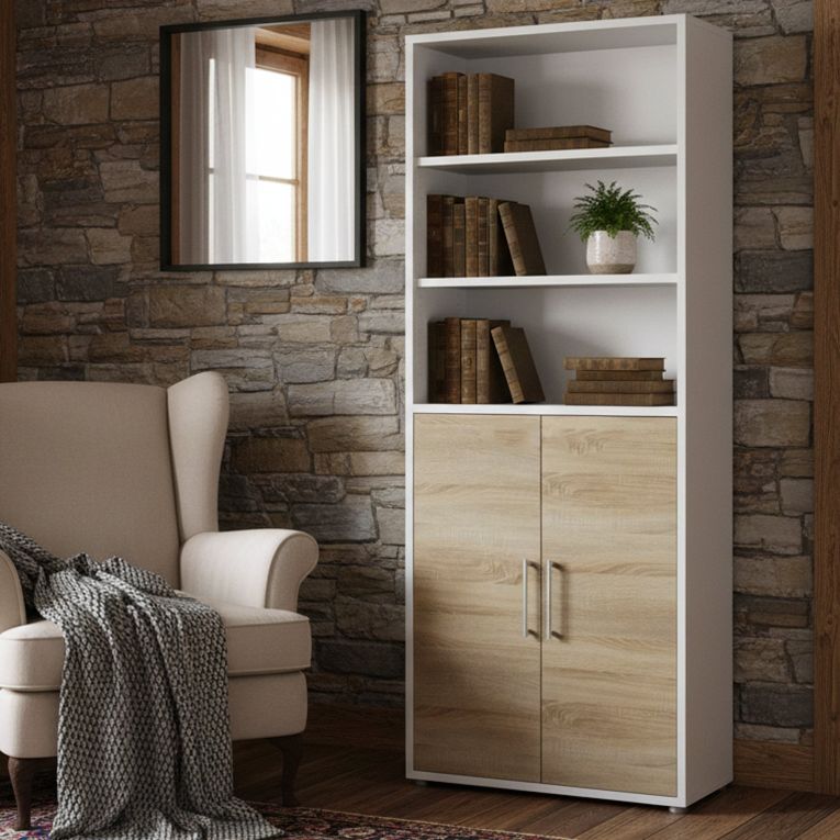 Credenza alta bianca e quercia 89x40x221h cm 2 ante - Valsesia