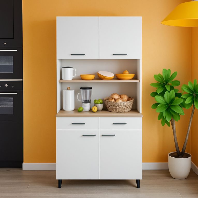 Credenza alta bianca e rovere 72x40x185h cm 4 ante e 1 cassetto - Florent