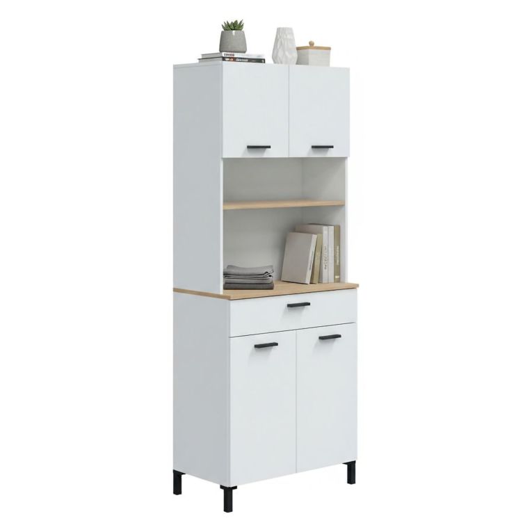 Credenza alta bianca e rovere 72x40x185h cm 4 ante e 1 cassetto - Florent