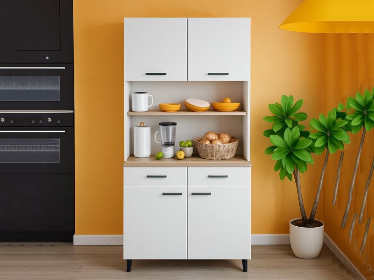 Credenza alta bianca e rovere 72x40x185h cm 4 ante e 1 cassetto - Florent