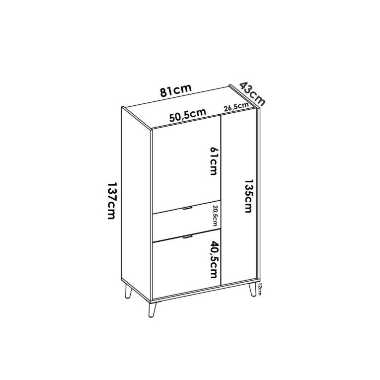 Credenza alta bianca e rovere 81x43x137h cm 3 ante e 1 cassetto - Archimede