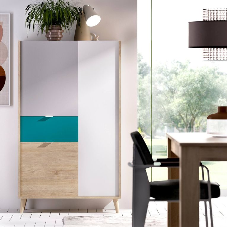 Credenza alta bianca e rovere 81x43x137h cm 3 ante e 1 cassetto - Archimede