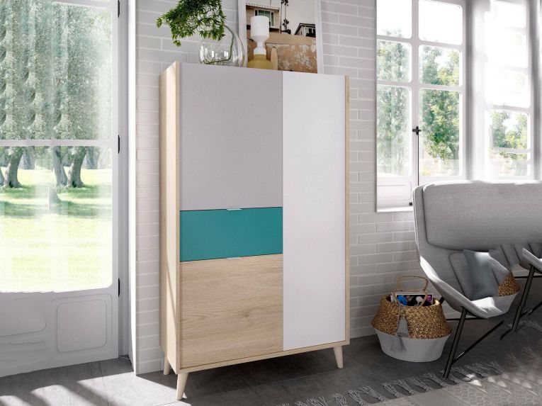 Credenza alta bianca e rovere 81x43x137h cm 3 ante e 1 cassetto - Archimede