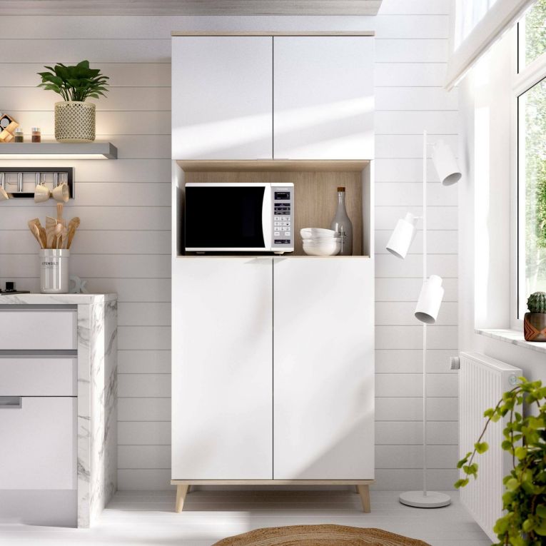 Credenza alta bianca e rovere porta microonde 80x40x191h cm 4 ante - Acura