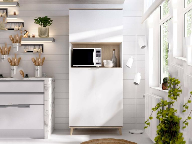 Credenza alta bianca e rovere porta microonde 80x40x191h cm 4 ante - Acura