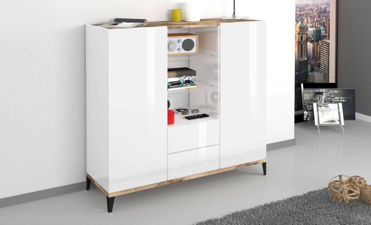 Credenza alta bianco lucida e acero 120x40x132h cm 2 ante e 2 cassetti - Scirocco