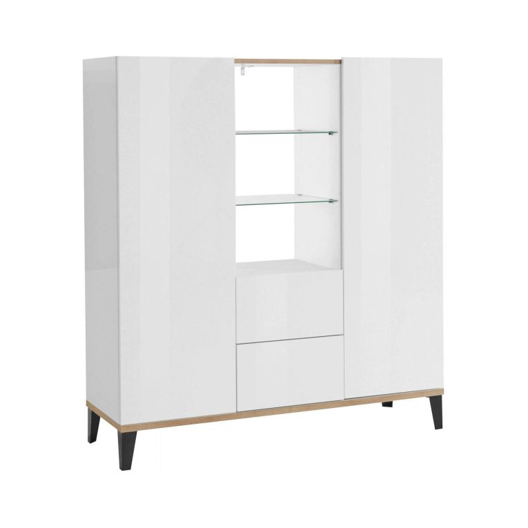 Credenza alta bianco lucida e acero 120x40x132h cm 2 ante e 2 cassetti - Scirocco