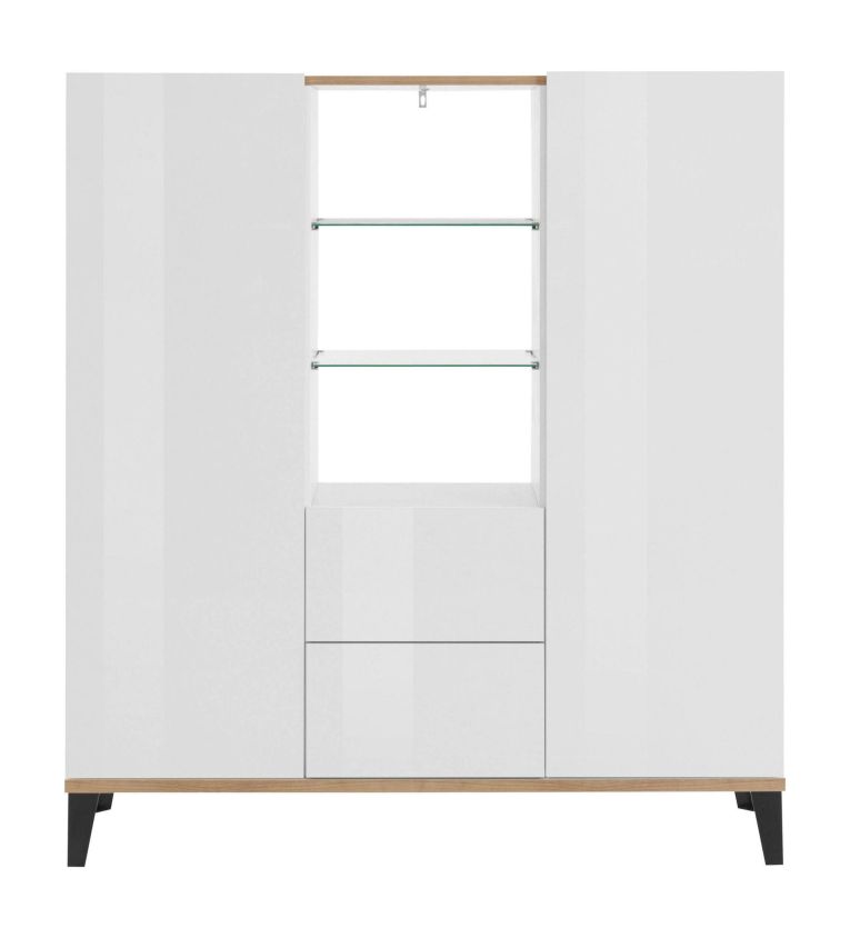 Credenza alta bianco lucida e acero 120x40x132h cm 2 ante e 2 cassetti - Scirocco