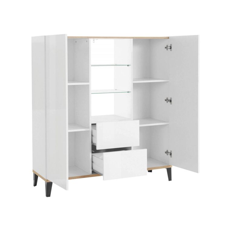 Credenza alta bianco lucida e acero 120x40x132h cm 2 ante e 2 cassetti - Scirocco