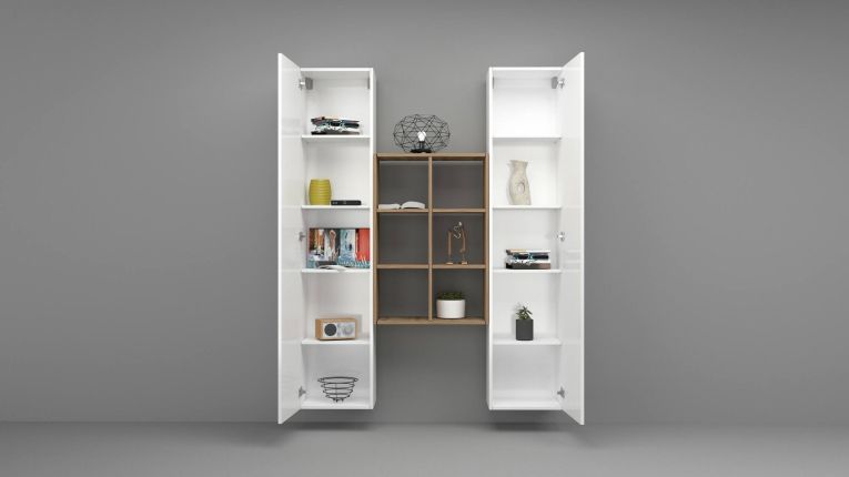 Credenza alta bianco lucida e acero 40x30x180h cm 2 ante - Danila