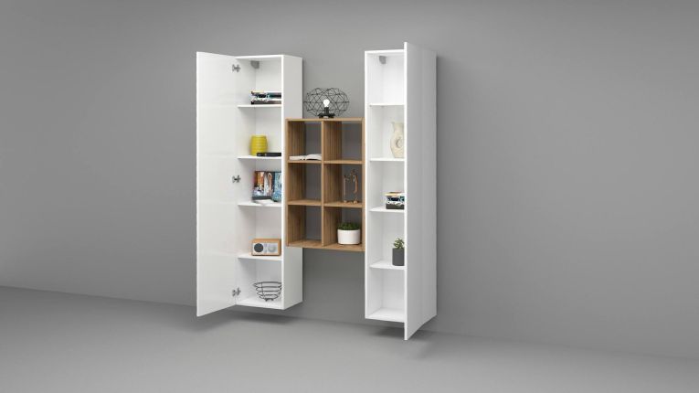 Credenza alta bianco lucida e acero 40x30x180h cm 2 ante - Danila