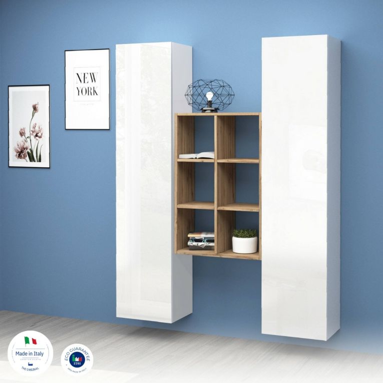 Credenza alta bianco lucida e acero 40x30x180h cm 2 ante - Danila