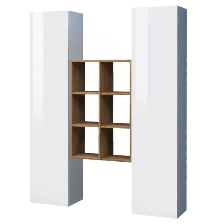 Credenza alta bianco lucida e acero 40x30x180h cm 2 ante - Danila