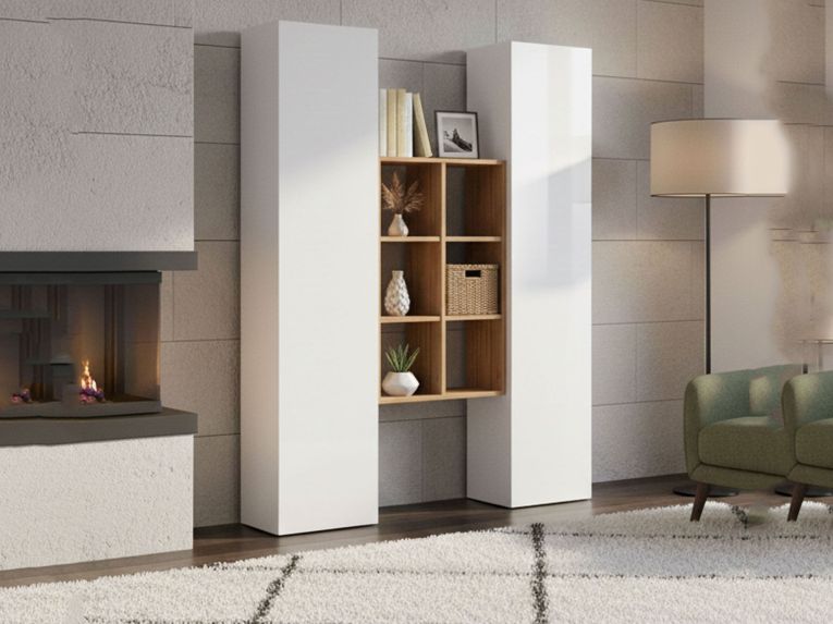 Credenza alta bianco lucida e acero 40x30x180h cm 2 ante - Danila