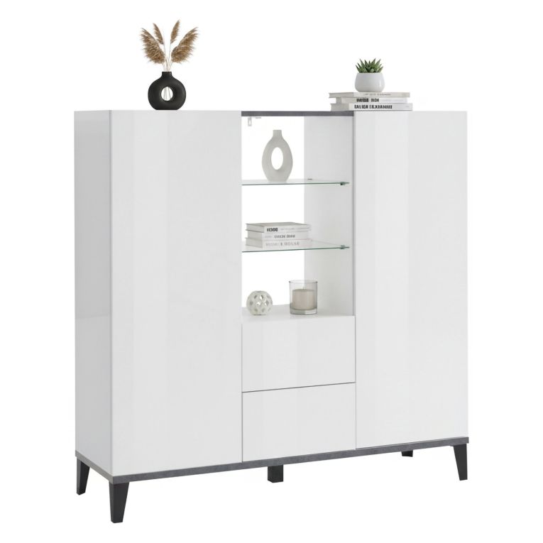 Credenza alta bianco lucida e ardesia 120x40x132h cm 2 ante e 2 cassetti - Scirocco