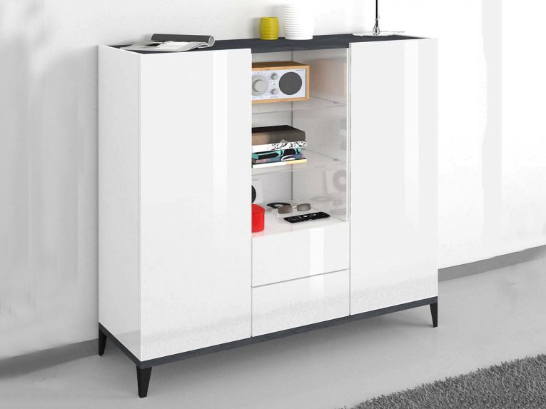 Credenza alta bianco lucida e ardesia 120x40x132h cm 2 ante e 2 cassetti - Scirocco