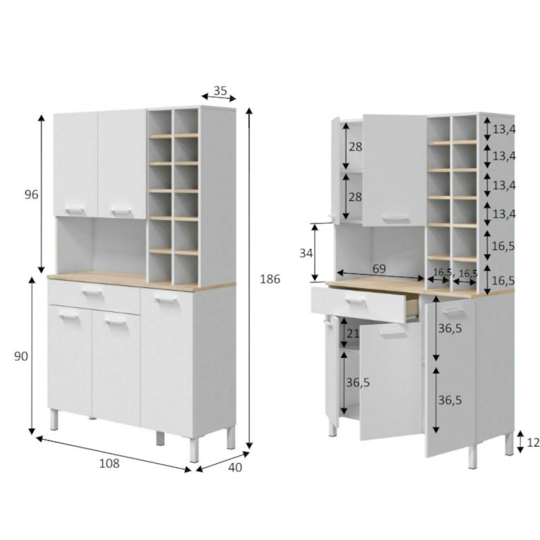 Credenza alta rovere e bianca 108x40x186h cm 5 ante e 1 cassetto - Alima