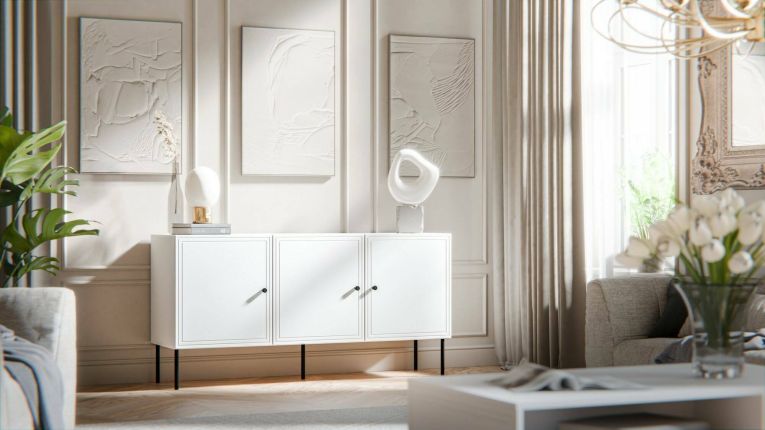 Credenza Amadora, Madia da salotto con tre ante battenti, Rialzata da terra, 151x40 h75 cm, Bianco