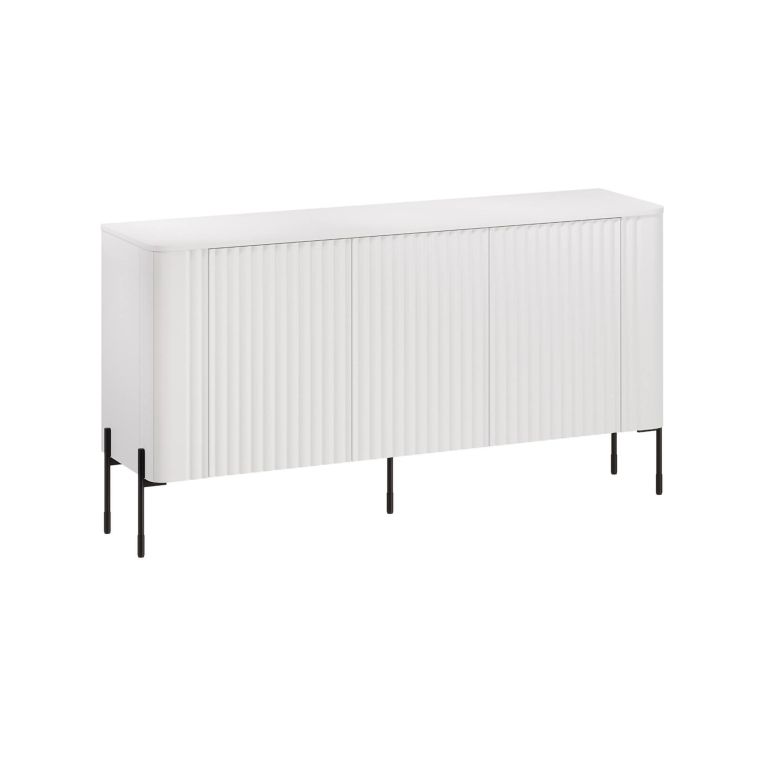 Credenza Amora, Madia da salotto con tre ante battenti, Rialzata da terra, 150x40 h80 cm, Bianco