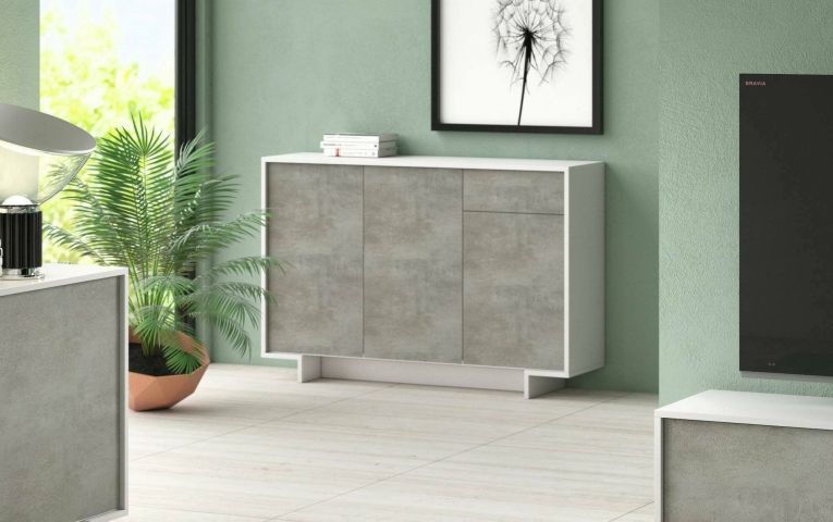 Credenza Aneto, Madia da salotto, Buffet da soggiorno a 3 ante e 1 cassetto, 100% Made in Italy, 134x35h87 cm, Bianco e Cemento