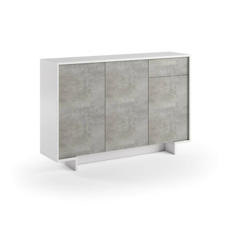 Credenza Aneto, Madia da salotto, Buffet da soggiorno a 3 ante e 1 cassetto, 100% Made in Italy, 134x35h87 cm, Bianco e Cemento
