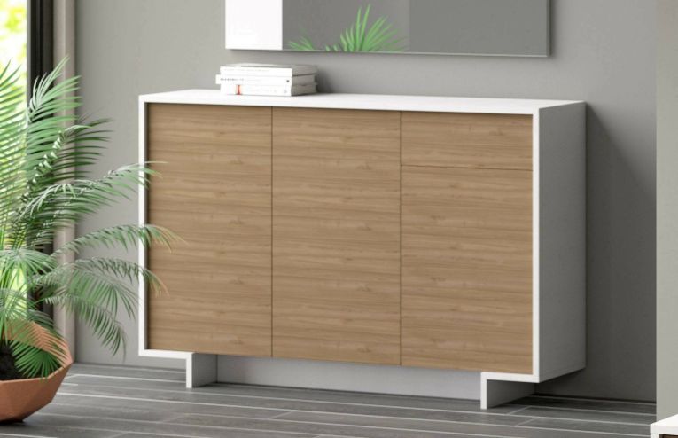 Credenza Aneto, Madia da salotto, Buffet da soggiorno a 3 ante e 1 cassetto, 100% Made in Italy, 134x35h87 cm, Bianco e Rovere