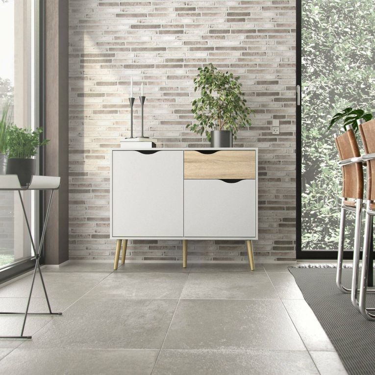 Credenza Angelique, Buffet da soggiorno, Madia da salotto, Dispensa da cucina, 98x39 h81 cm, Bianco e Quercia