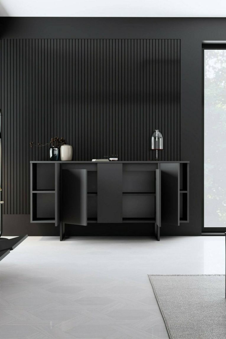 Credenza antracite e nera moderna 160x35x80h cm 4 ante - Arta