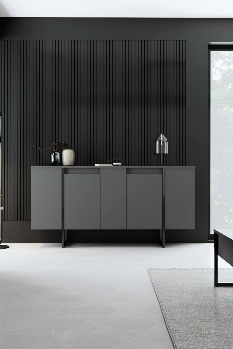 Credenza antracite e nera moderna 160x35x80h cm 4 ante - Arta