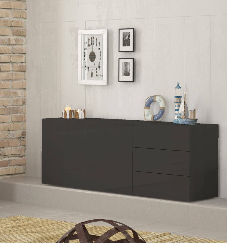 Credenza antracite lucida 170x40x60h cm 2 ante e 3 cassetti - Andie