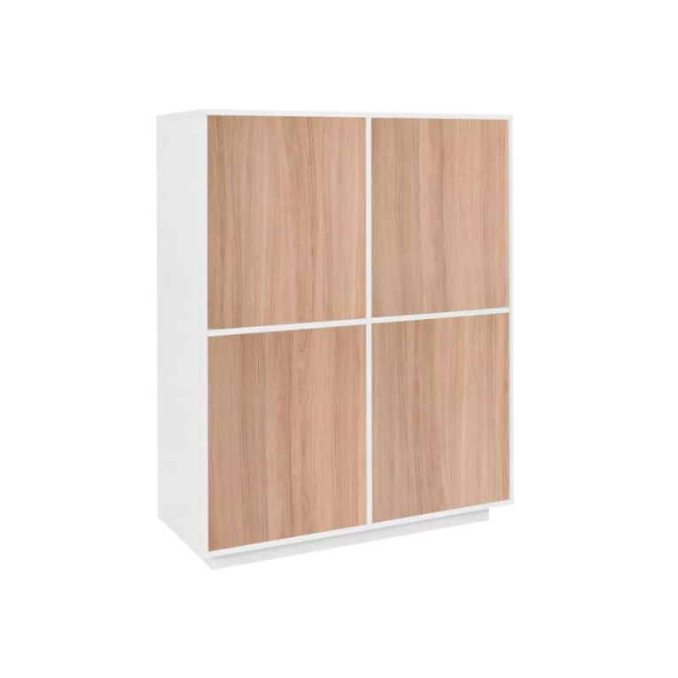 Credenza Ara, cm 100x41h126, Bianco lucido e Noce