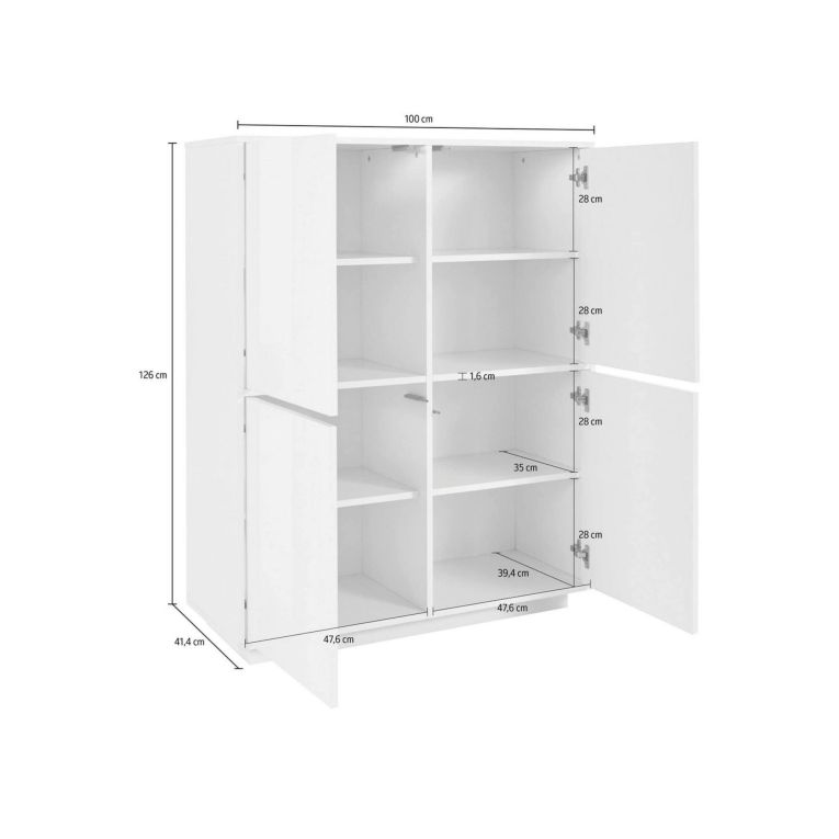 Credenza Ara, cm 100x41h126, Bianco lucido e Noce