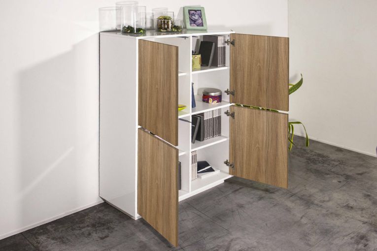 Credenza Ara, cm 100x41h126, Bianco lucido e Noce