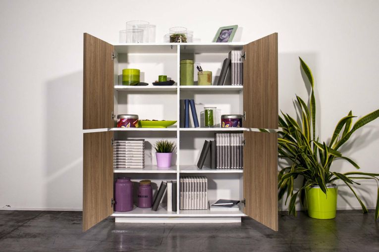 Credenza Ara, cm 100x41h126, Bianco lucido e Noce